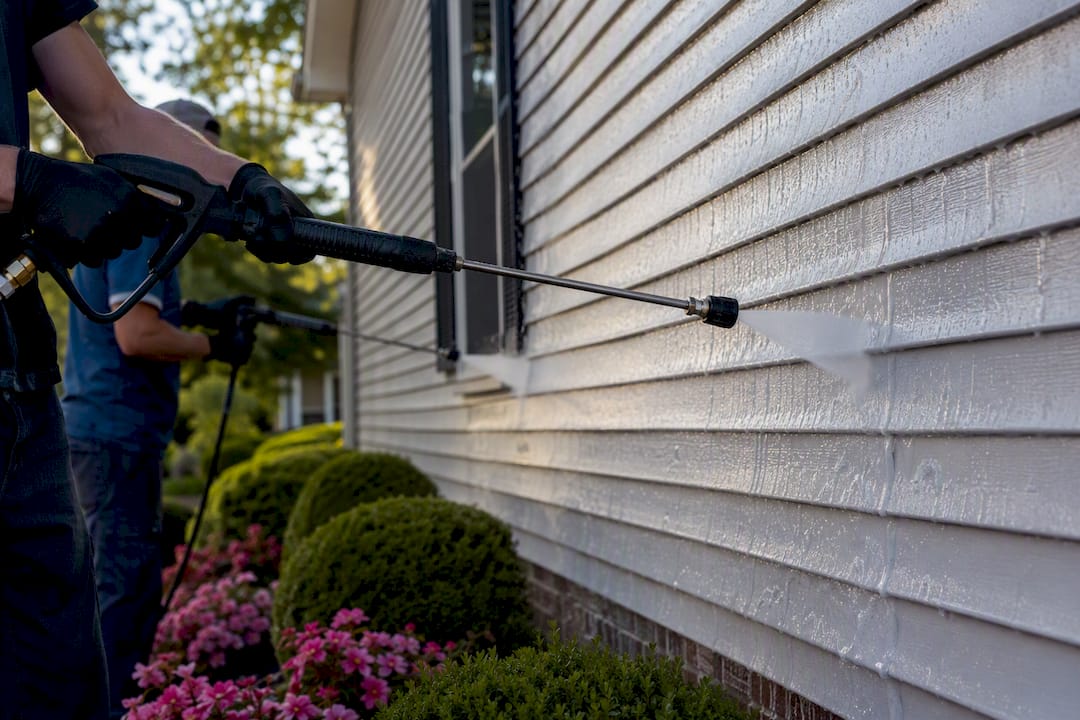 Pressure washing house siding with foam spray