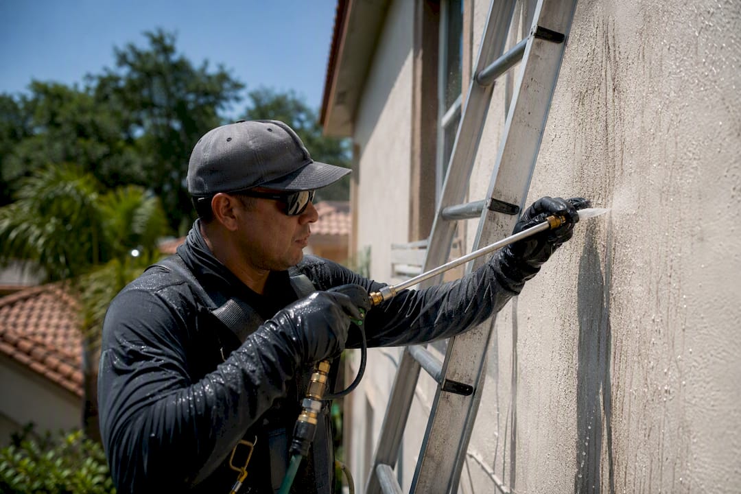 Professional soft washing multi-story stucco home