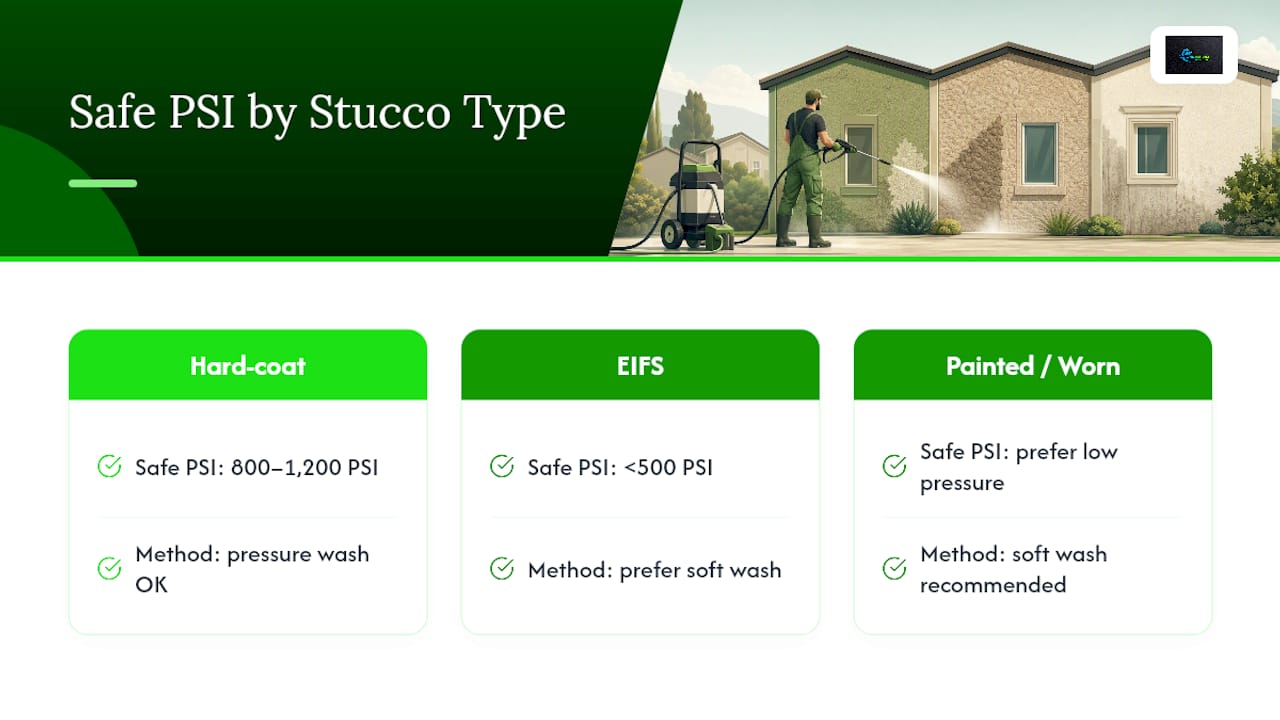 Diagram showing safe PSI ranges for stucco cleaning
