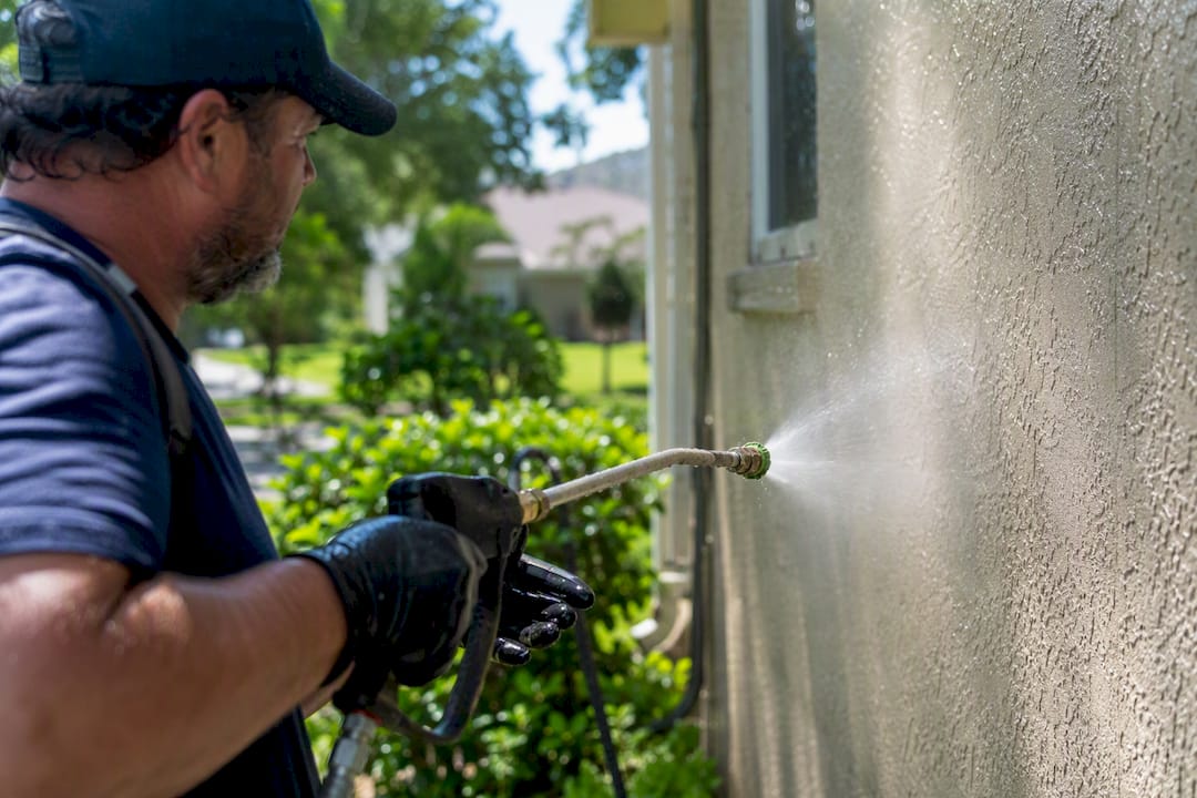Technician soft-washing stucco from side angle