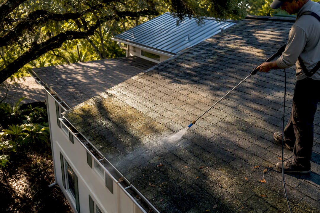 Low-pressure roof washing on asphalt shingles