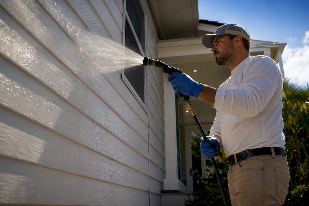 Technician gently rinsing vinyl siding