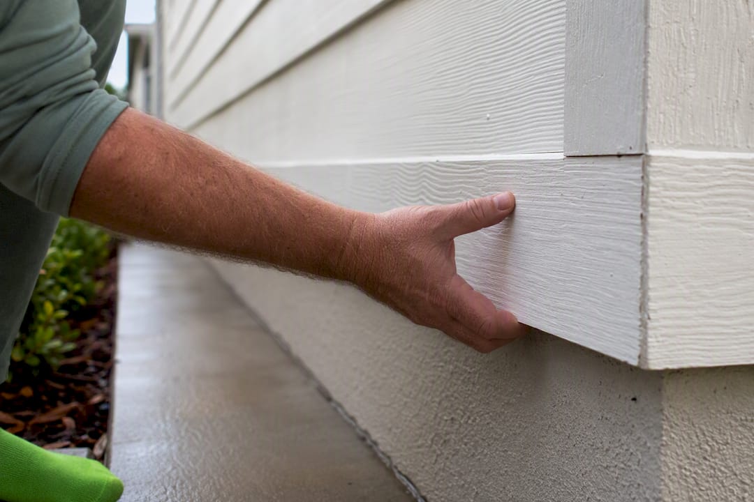 Homeowner checking exterior trim after rinsing