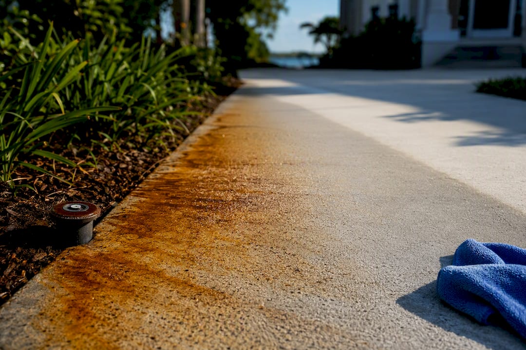 Sprinkler rust staining on concrete walkway