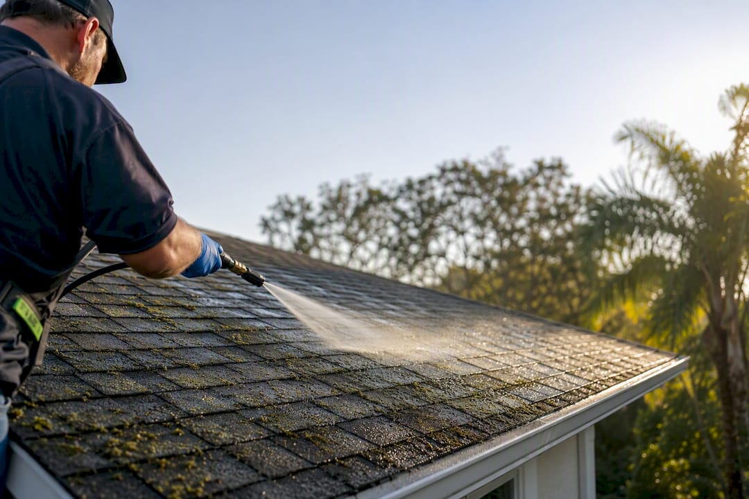 Technician gently rinsing residential roof shingles