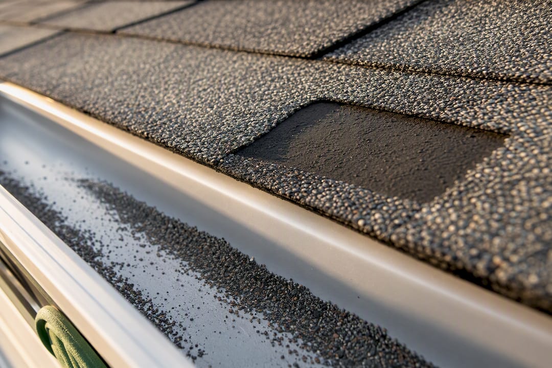 Loose mineral granules beside exposed asphalt shingle