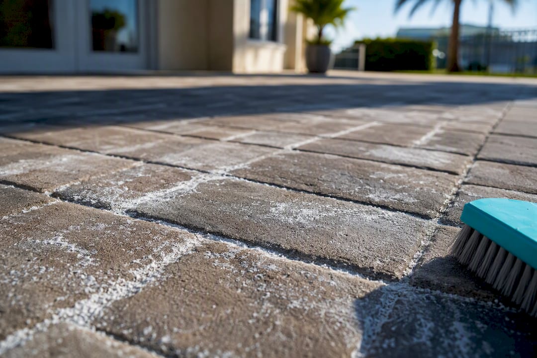 White efflorescence deposits across patio pavers
