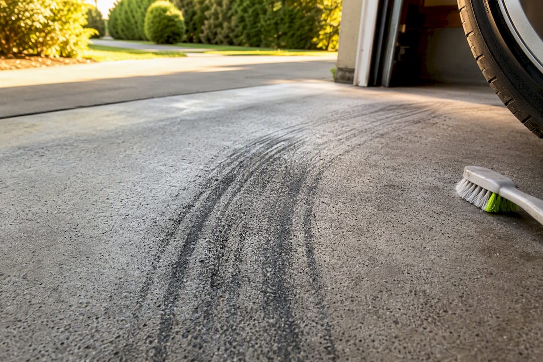 Rubber tire marks embedded in concrete driveway