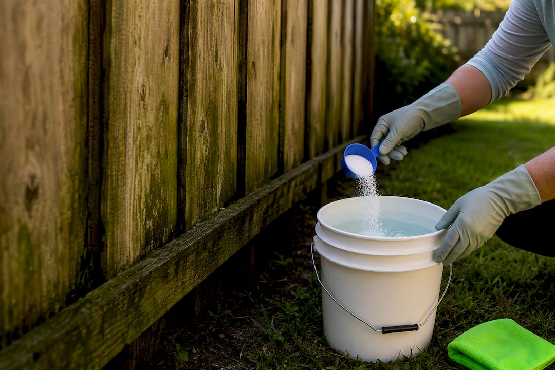 Mixing oxygen bleach beside an algae-stained wood fence