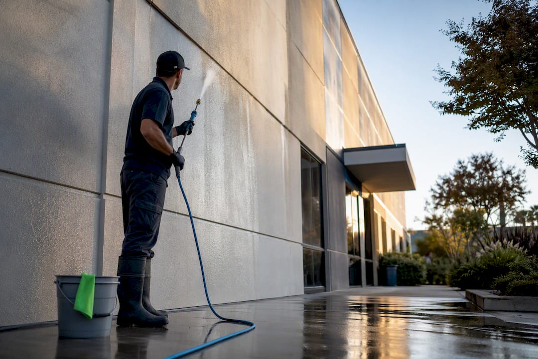 Technician washing commercial stucco building