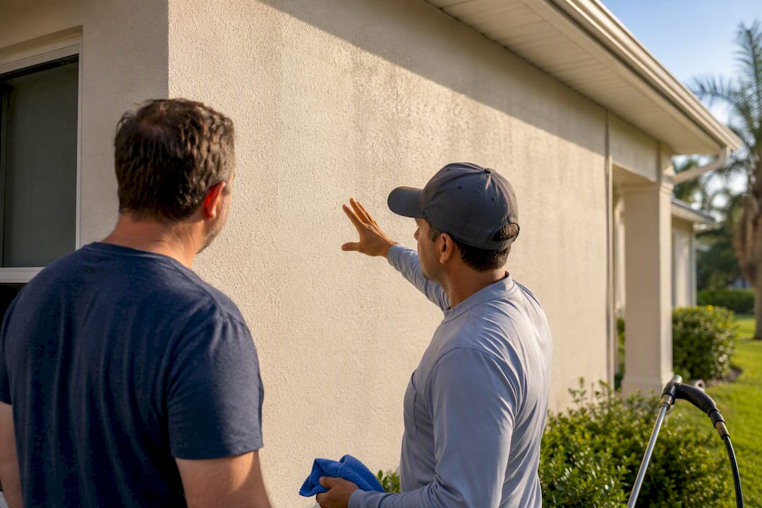 Homeowner inspecting professional exterior cleaning work