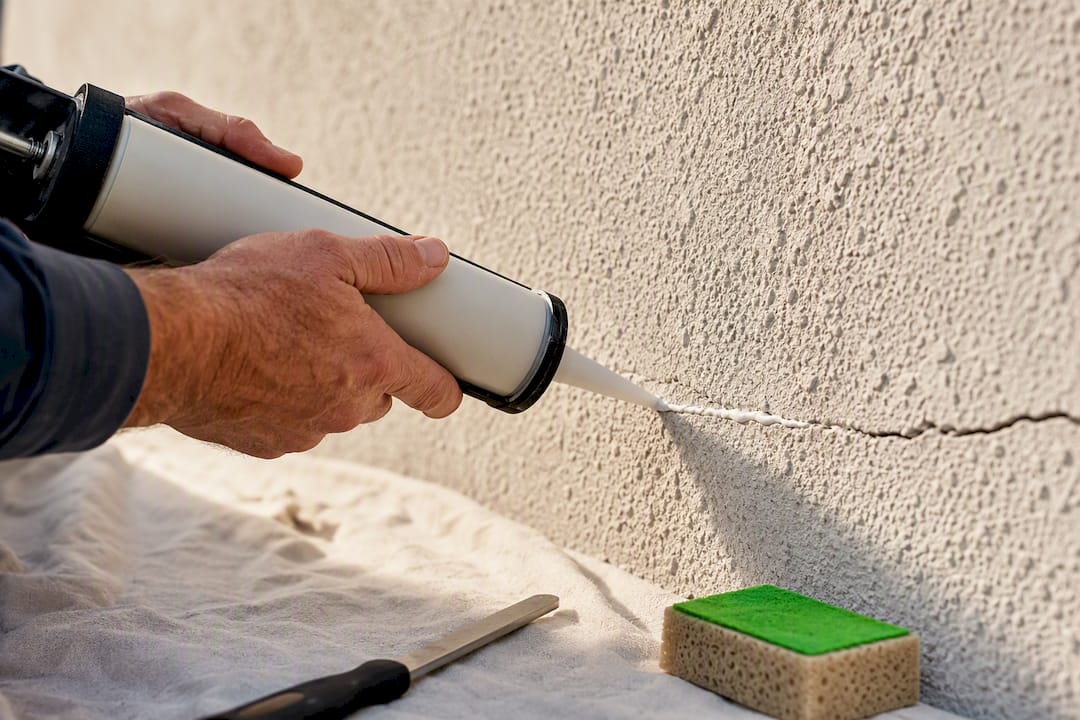 Elastomeric caulk sealing stucco hairline crack