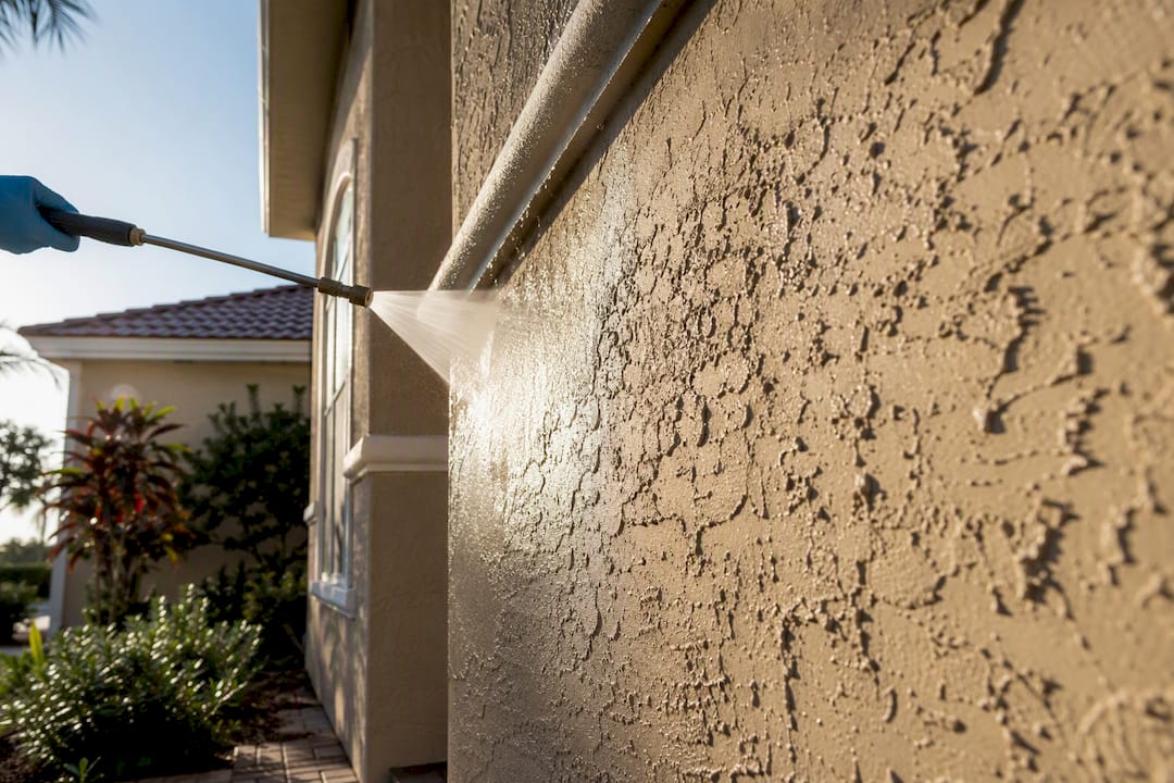 Damaged stucco receiving gentle low-pressure rinse