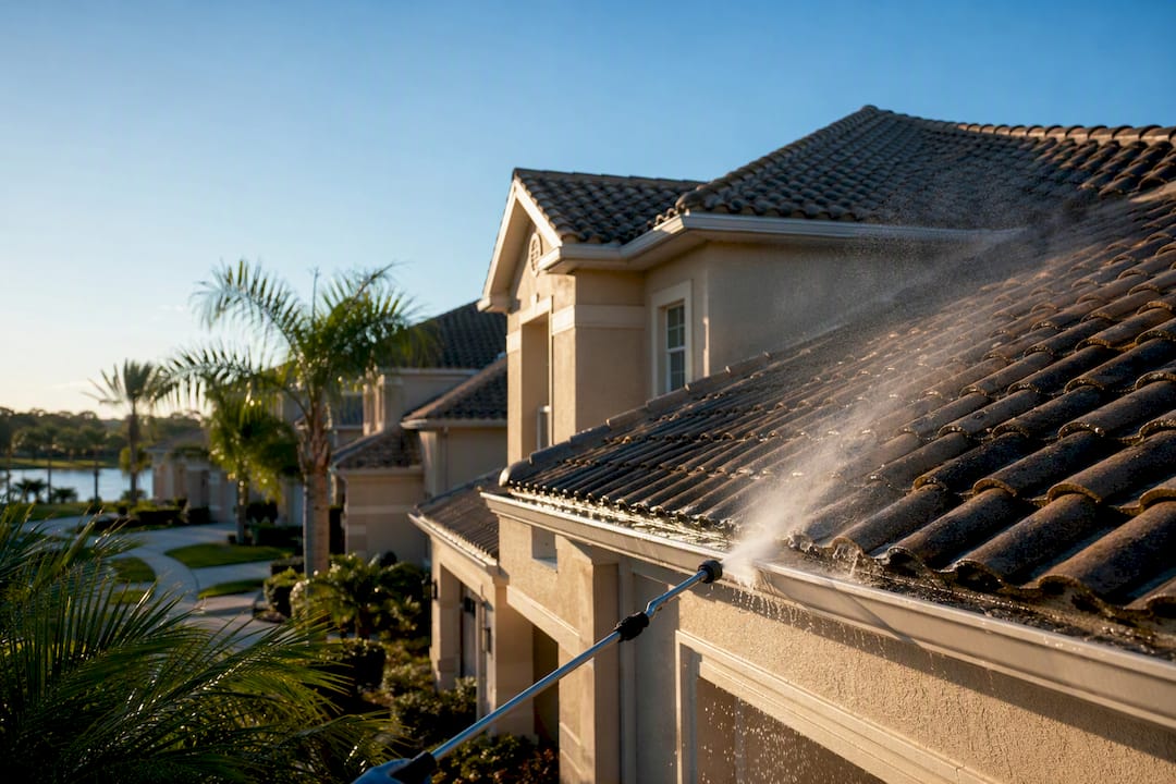Technician soft washing Florida HOA home roof