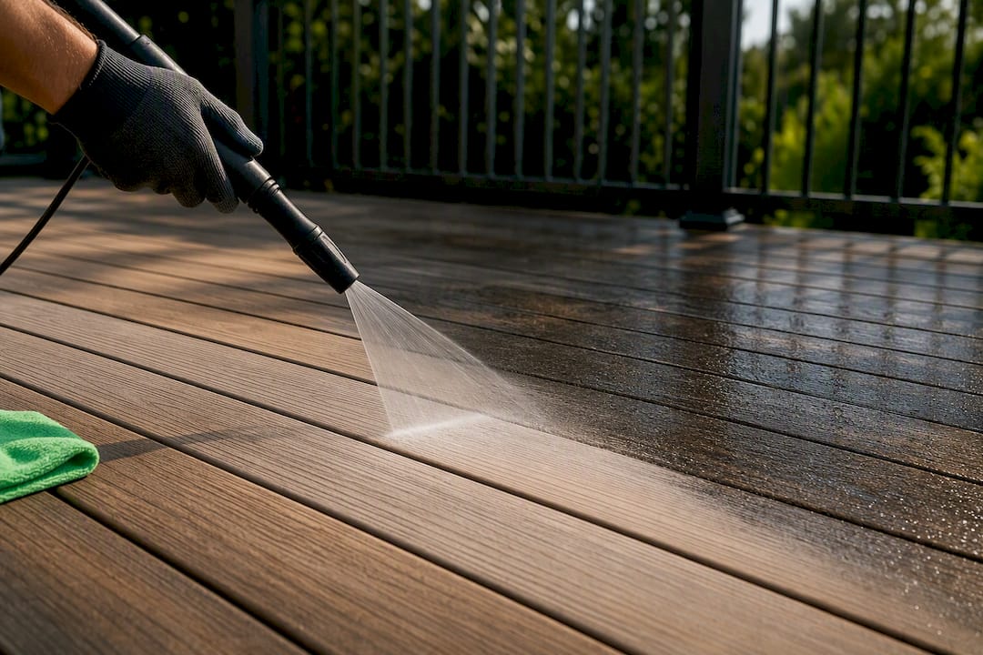 Pressure washing mildew from composite decking