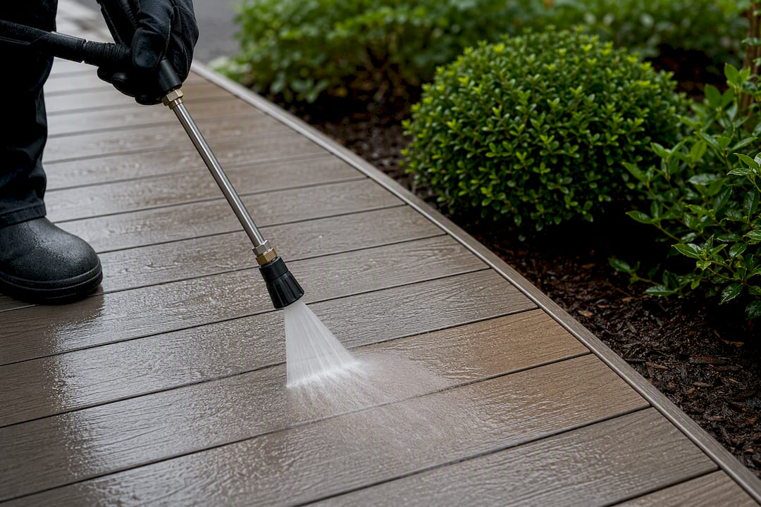 Wide fan spray rinsing composite deck boards