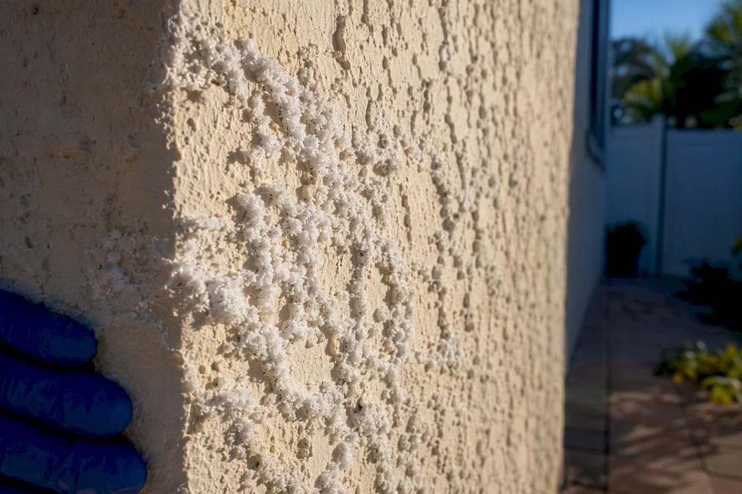 White efflorescence crystals on textured stucco