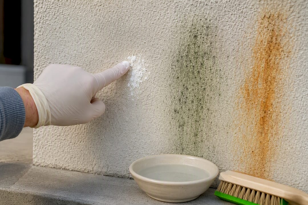 Finger testing powdery stucco efflorescence