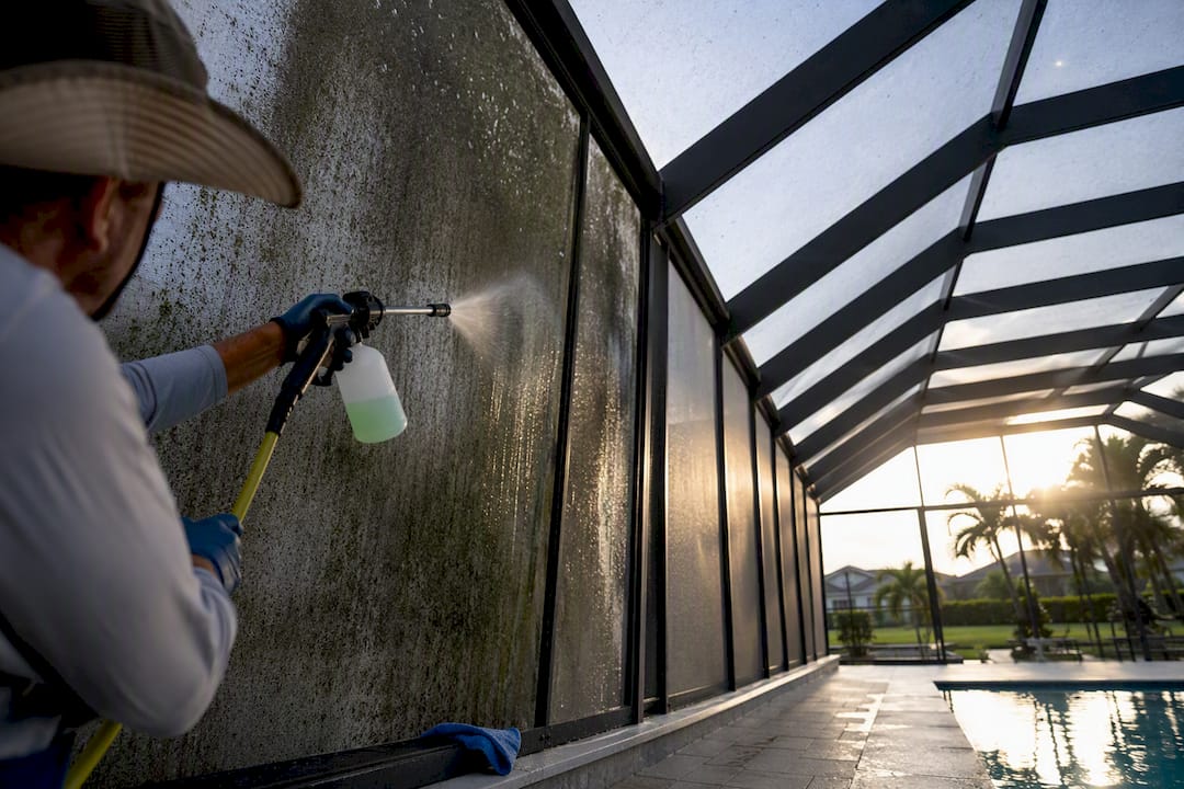Technician soft washing algae from pool enclosure