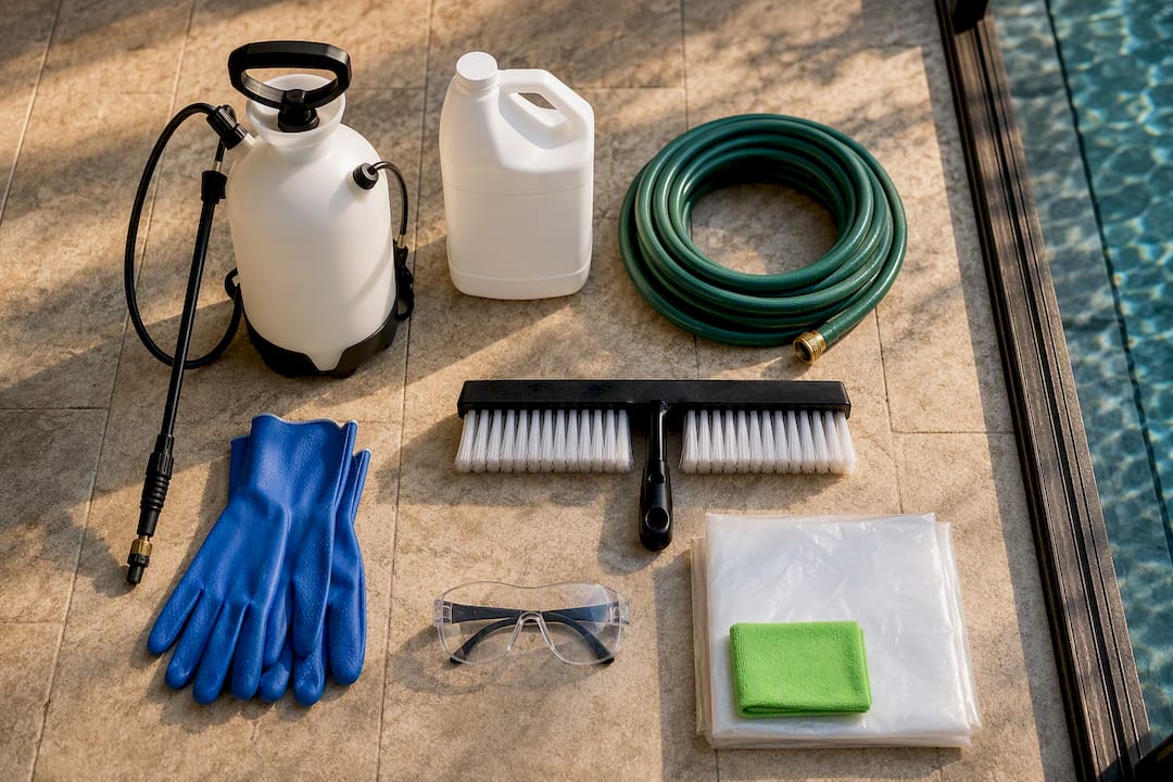 Soft wash supplies arranged for screen cleaning