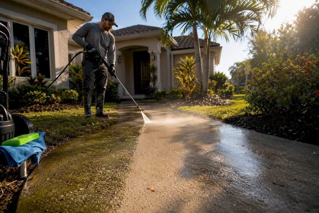 Pressure washing a walkway before home appraisal