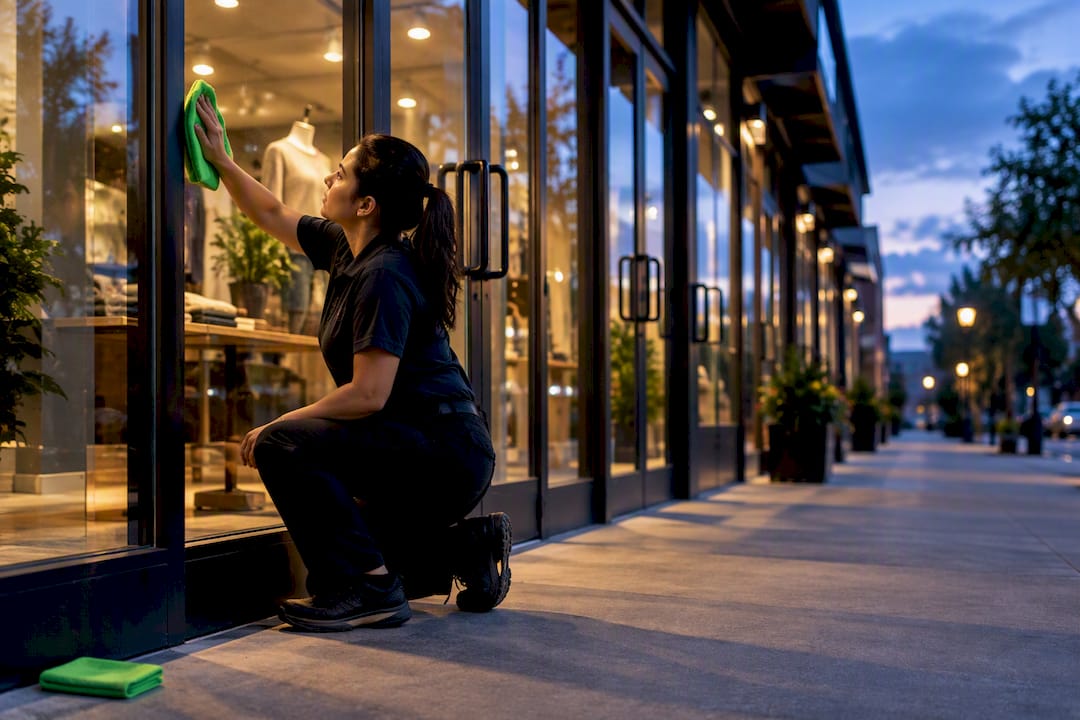 Professional cleaning a small business storefront