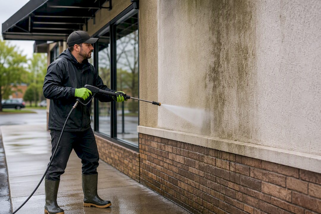 Soft washing a commercial stucco facade