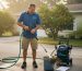 Homeowner checking pressure washer beside Citrus house