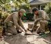 Workers restoring garden walkway with pavers