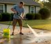Homeowner pressure washing driveway pavement