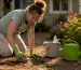 Homeowner scrubbing residential walkway outdoors