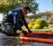 Technician setting containment berms outdoors